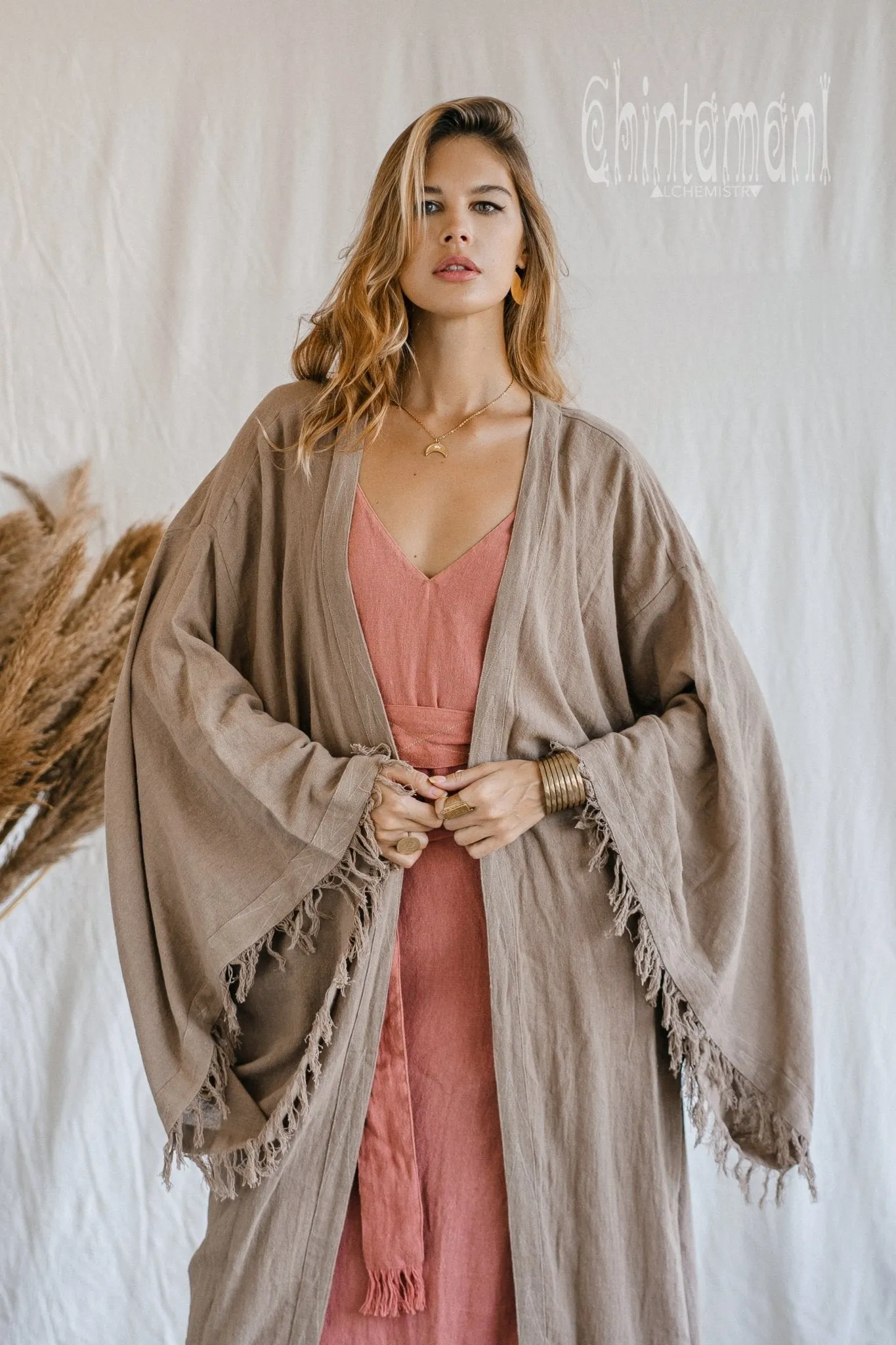 Huge Wide Sleeves Kimono Cardigan / Raw Cotton Wrap Robe / Coffee