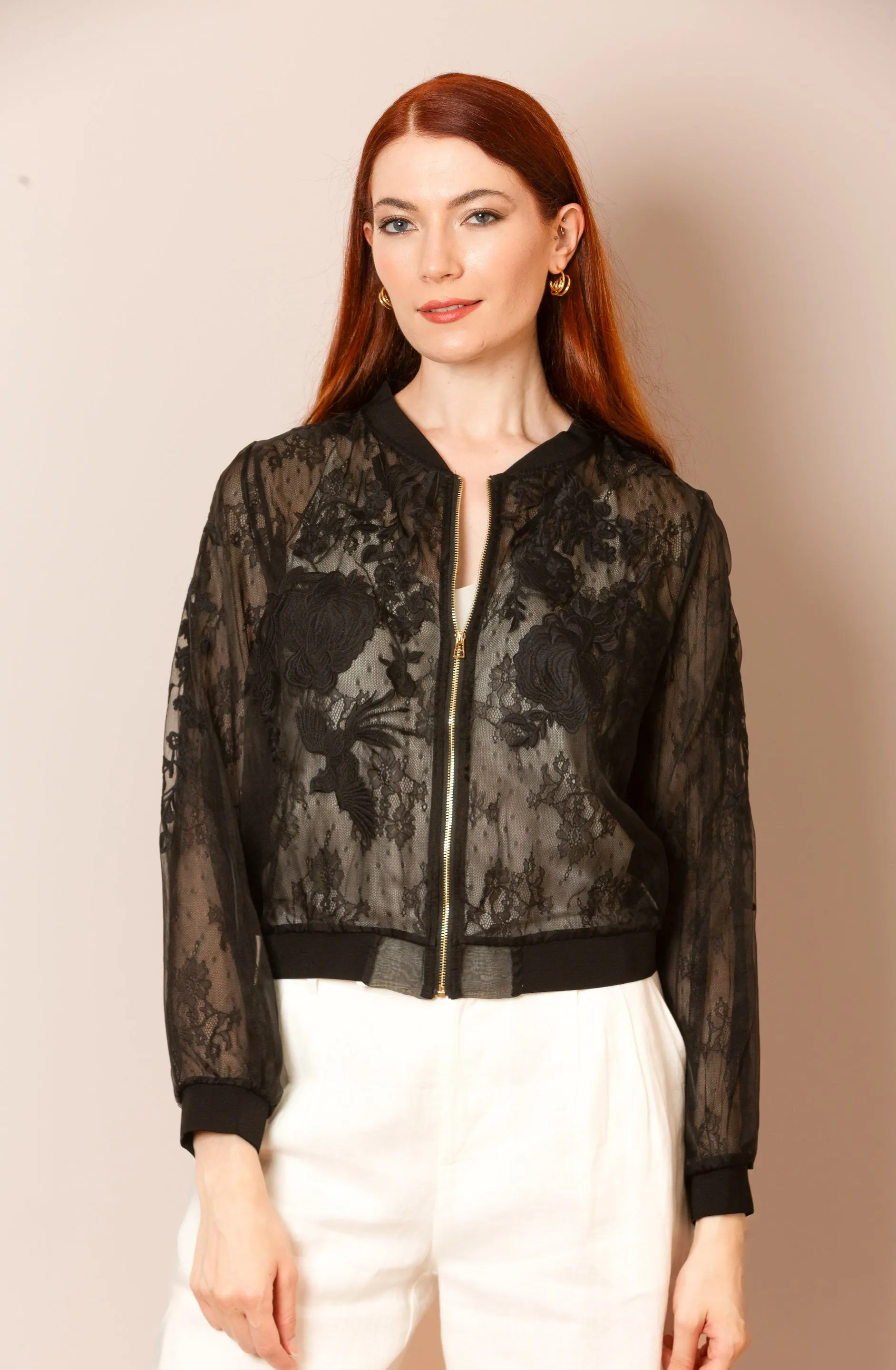 Iris Tulle Lace Combo Bomber Jacket in Black