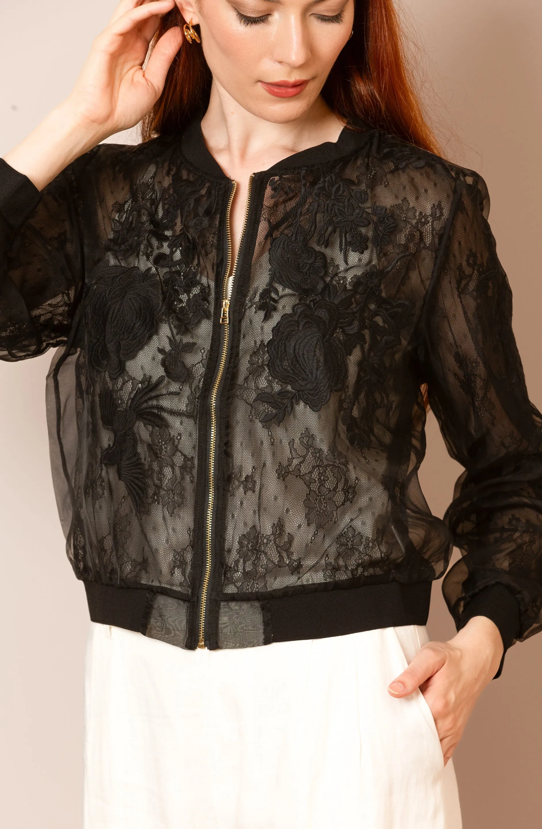 Iris Tulle Lace Combo Bomber Jacket in Black