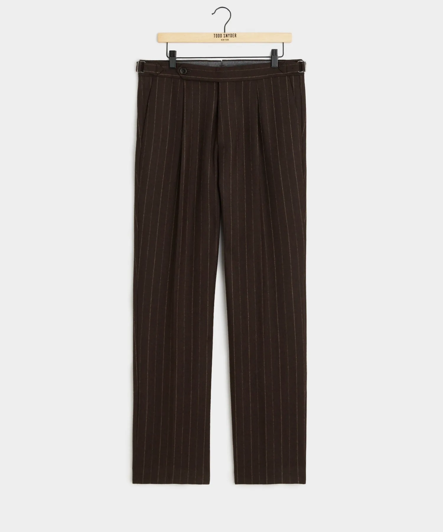 Italian Flannel Side Tab Trouser in Brown Pinstripe