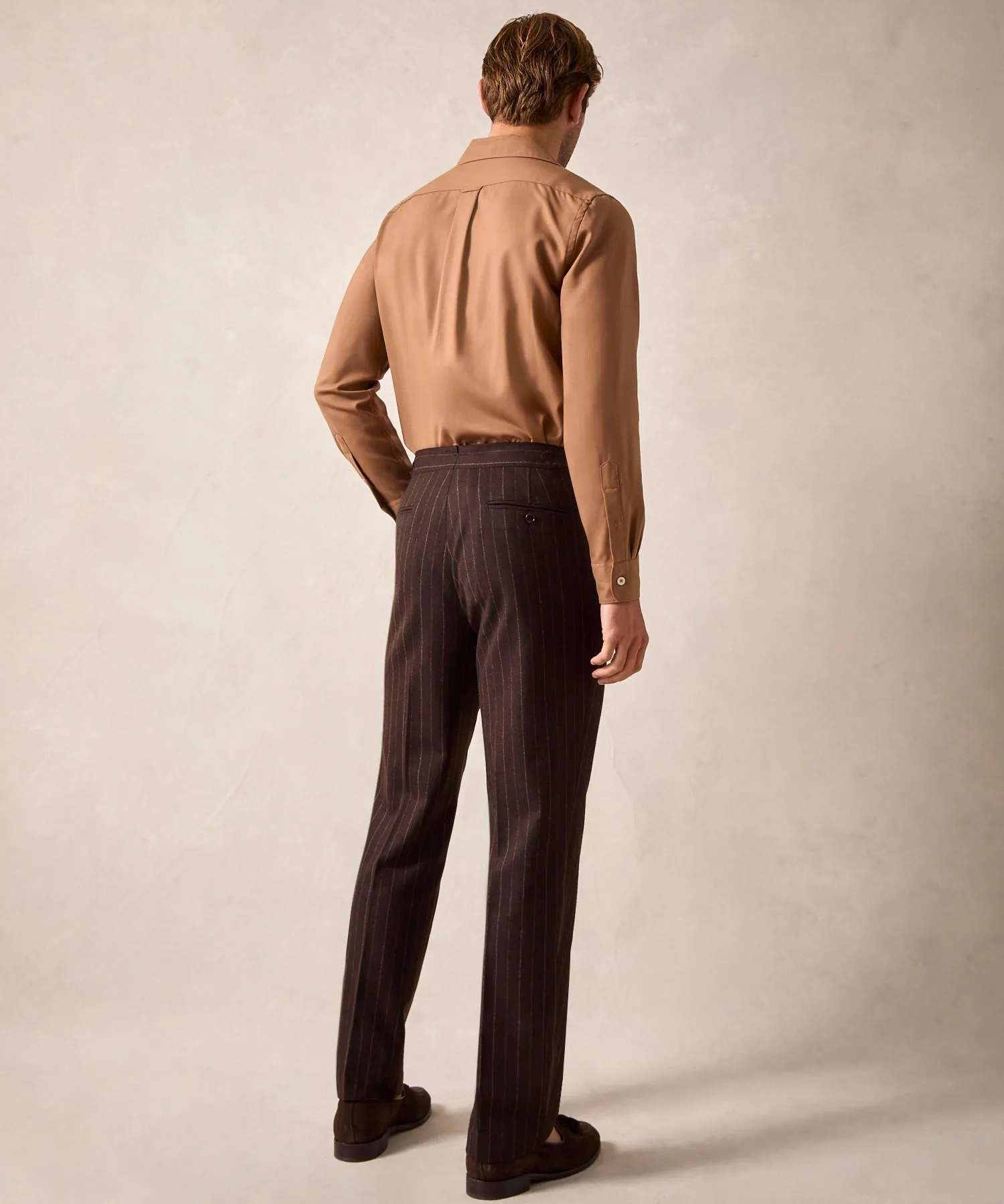 Italian Flannel Side Tab Trouser in Brown Pinstripe