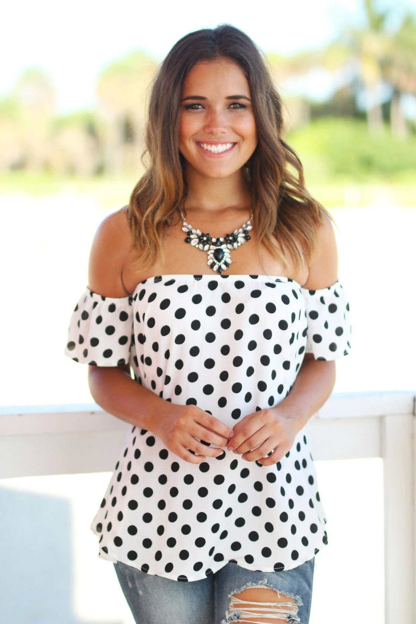 Ivory and Black Polka Dot Off Shoulder Top