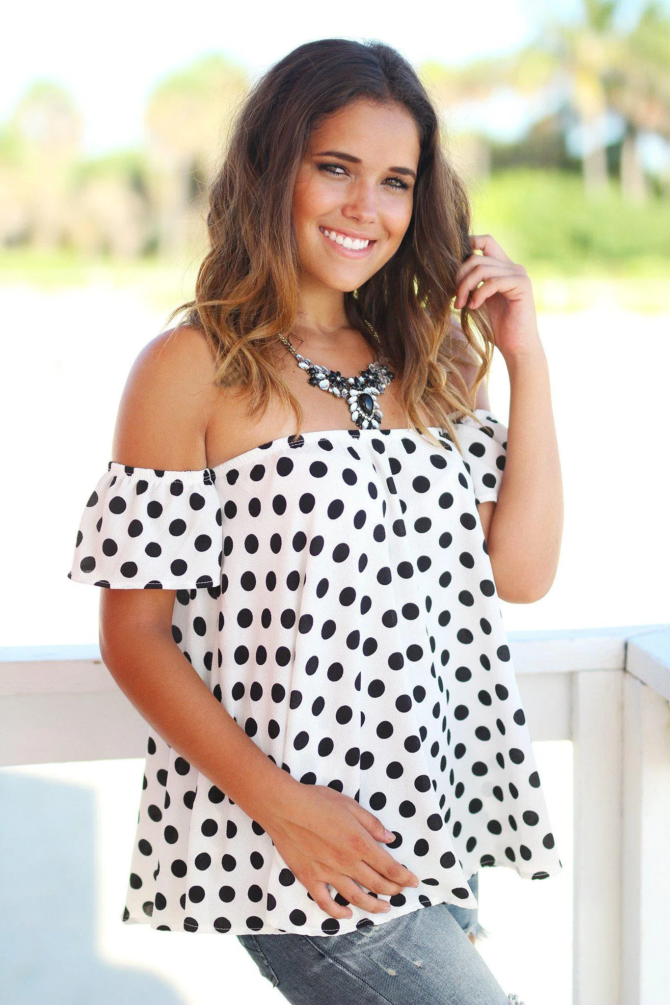 Ivory and Black Polka Dot Off Shoulder Top