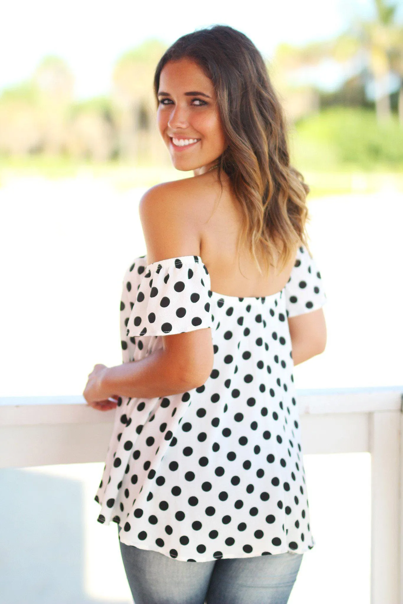 Ivory and Black Polka Dot Off Shoulder Top