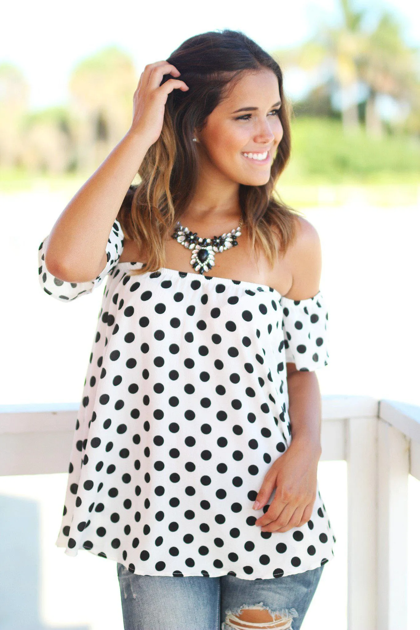 Ivory and Black Polka Dot Off Shoulder Top