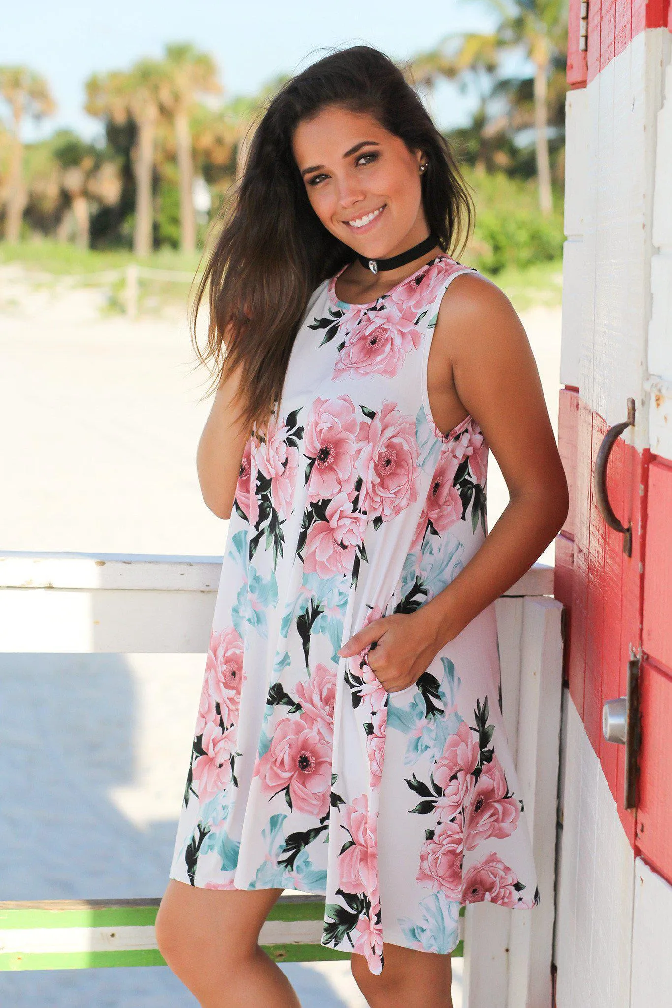 Ivory and Pink Floral Short Dress