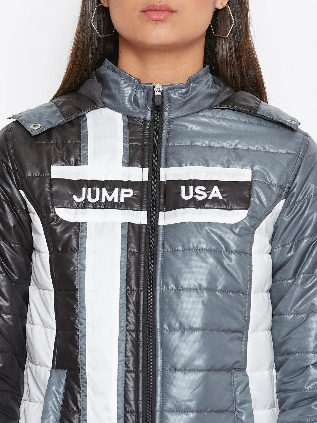 JUMP USA Women Grey Colourblocked Bomber Jacket