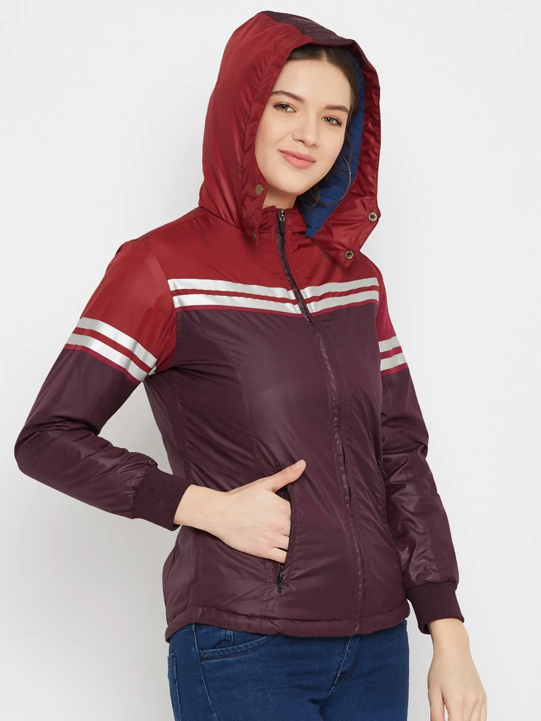 JUMP USA Women Maroon Colourblocked Bomber Jacket