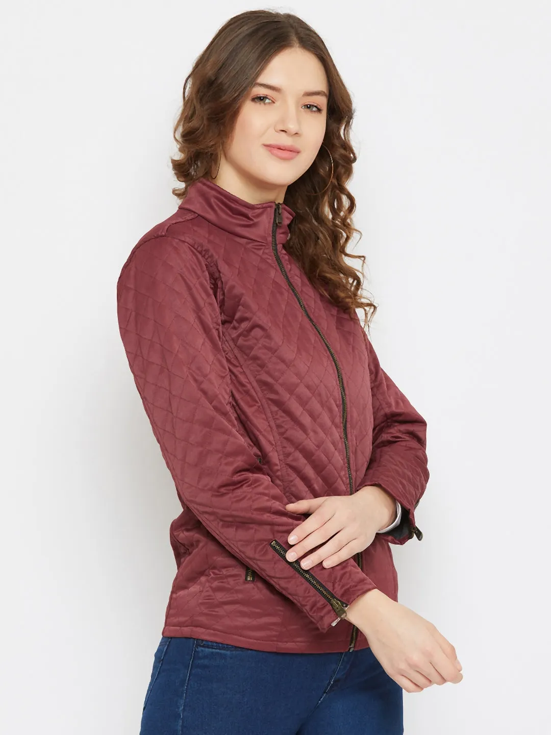 JUMP USA Women Maroon Self Design Casual Jacket