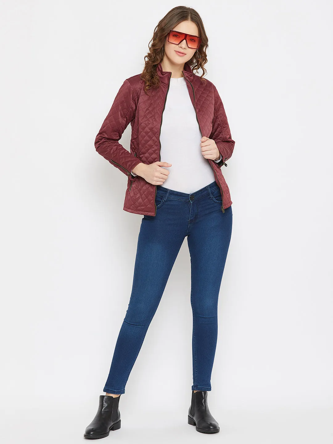 JUMP USA Women Maroon Self Design Casual Jacket