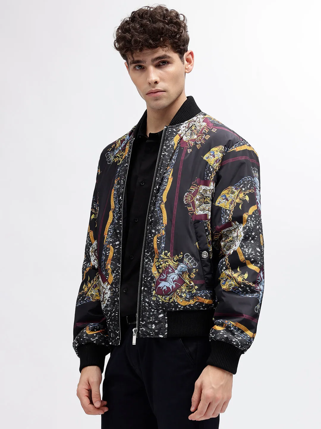 Just Cavalli Men Black Printed Stand Collar Long Sleeves Bomber Jacket