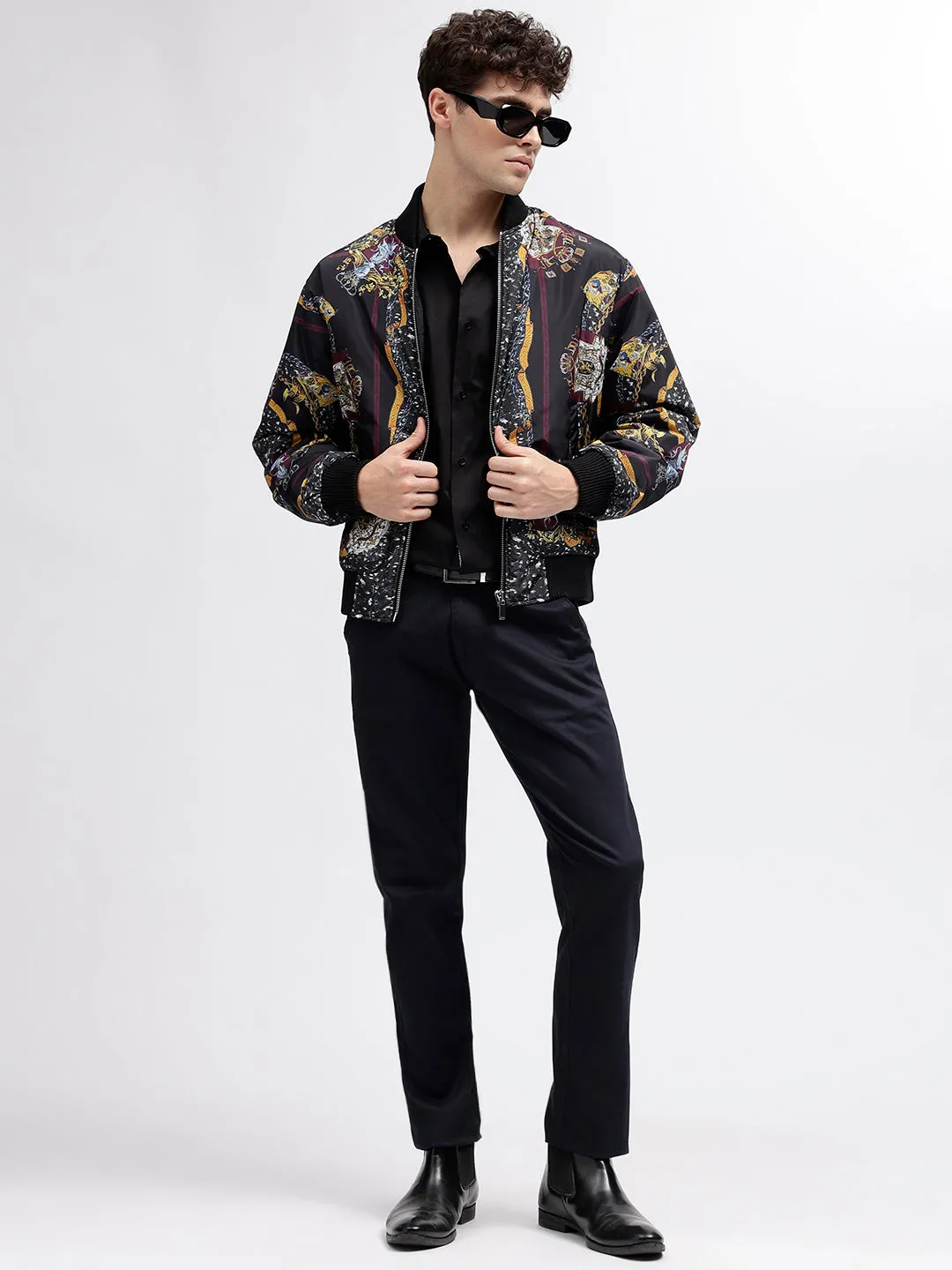 Just Cavalli Men Black Printed Stand Collar Long Sleeves Bomber Jacket