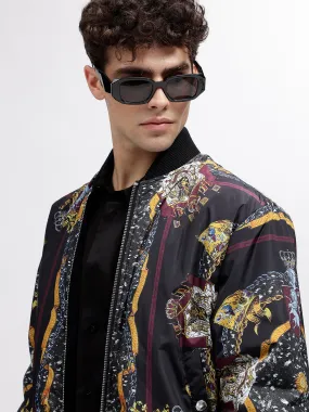 Just Cavalli Men Black Printed Stand Collar Long Sleeves Bomber Jacket