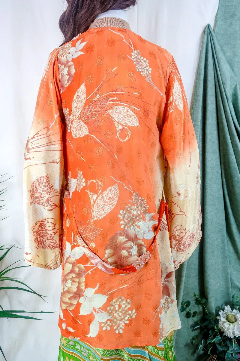 Karina Kimono Jacket - Vintage Sari - Tangerine & Misted Leaves - Free Size S