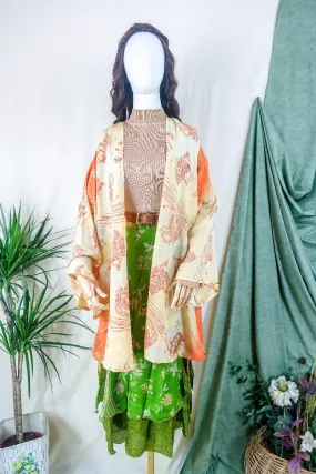 Karina Kimono Jacket - Vintage Sari - Tangerine & Misted Leaves - Free Size S