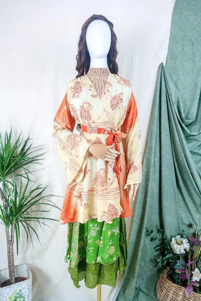 Karina Kimono Jacket - Vintage Sari - Tangerine & Misted Leaves - Free Size S