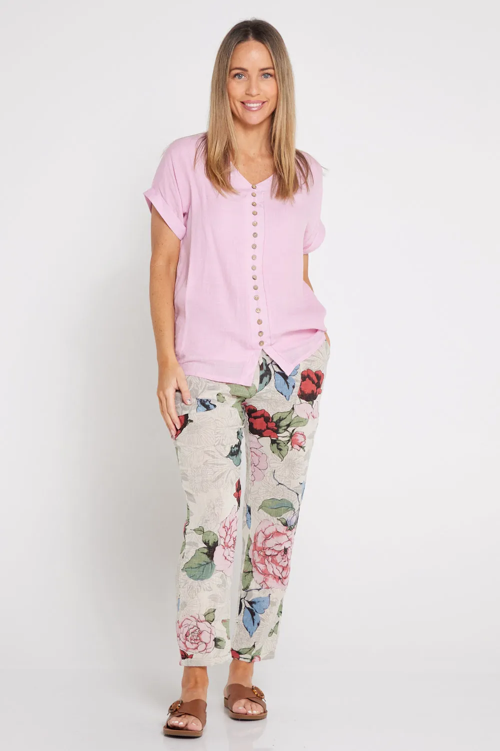 Kiana Linen Pants - Beige Floral