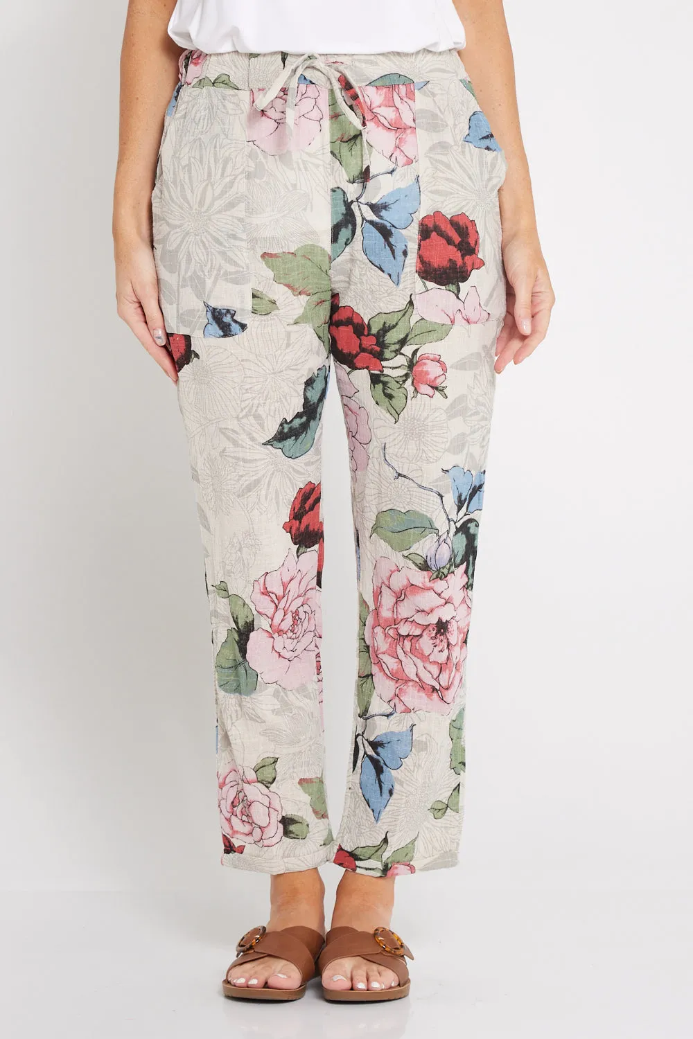 Kiana Linen Pants - Beige Floral