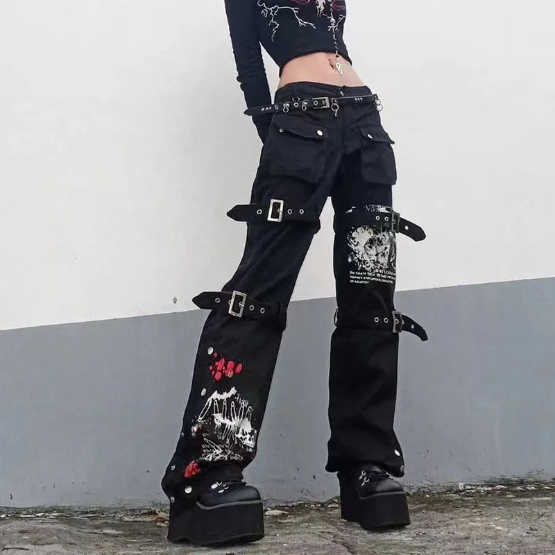 KittenAlarm - Mojoyce Gothic Bandage Women Baggy Jeans Punk Style Egirl Black  Denim Trousers Y2K Dark Academia Hight Waist High Street Pants