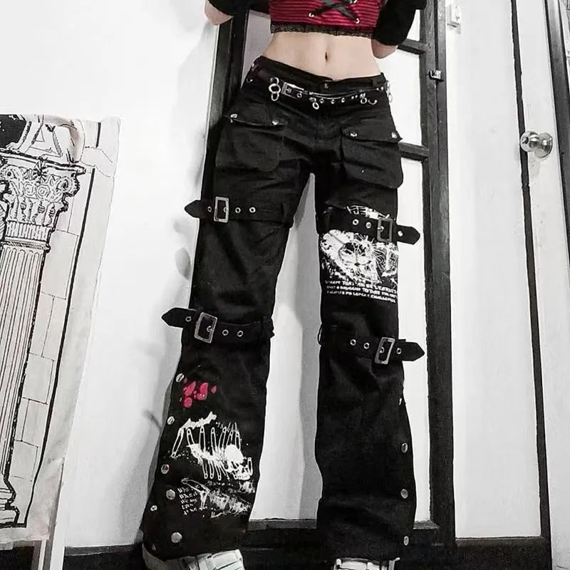 KittenAlarm - Mojoyce Gothic Bandage Women Baggy Jeans Punk Style Egirl Black  Denim Trousers Y2K Dark Academia Hight Waist High Street Pants