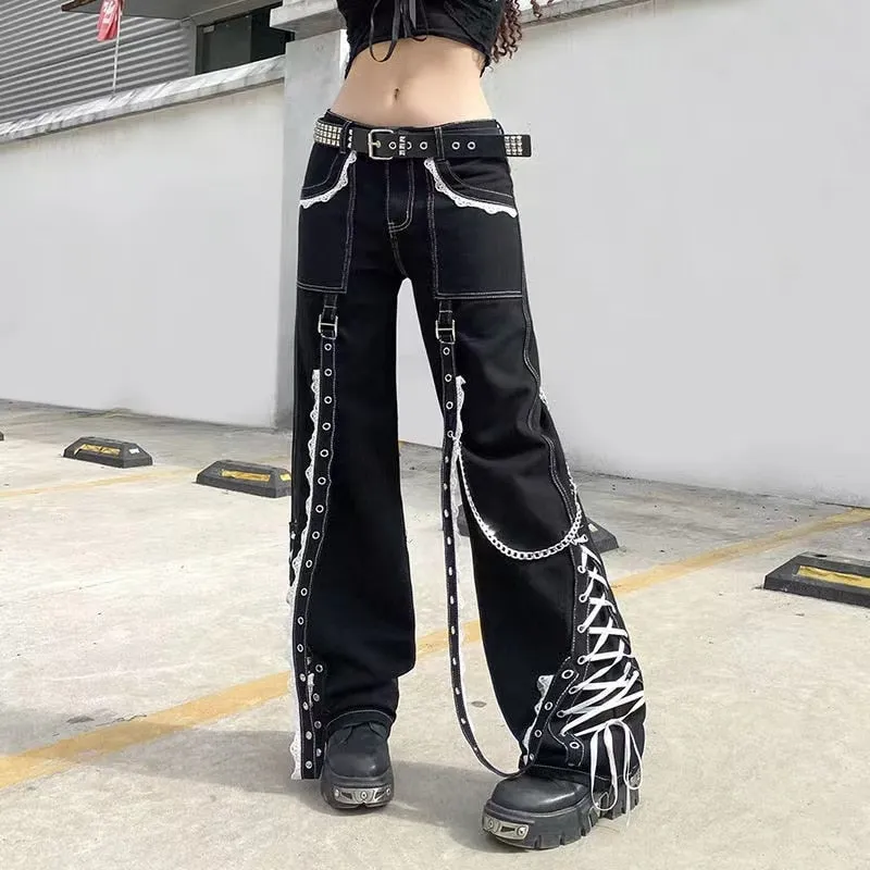 KittenAlarm - Mojoyce Gothic Clothes Denim Baggy Jean Women Aesthetic Lace Up Patchwork Dark Academia Streetwear Punk Bandage Trousers Straight Pants