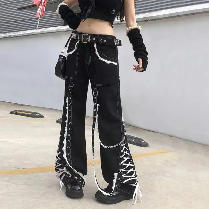 KittenAlarm - Mojoyce Gothic Clothes Denim Baggy Jean Women Aesthetic Lace Up Patchwork Dark Academia Streetwear Punk Bandage Trousers Straight Pants