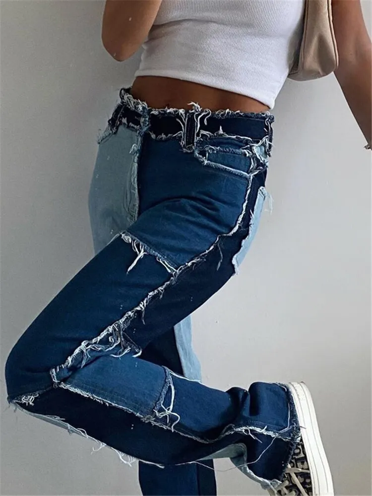 KittenAlarm - Mojoyce Patchwork Women's Jeans Bicolor Straight Leg Casual Long Pants High Waist Denim Jeans Y2K Fashion Pencil Trousers XXL