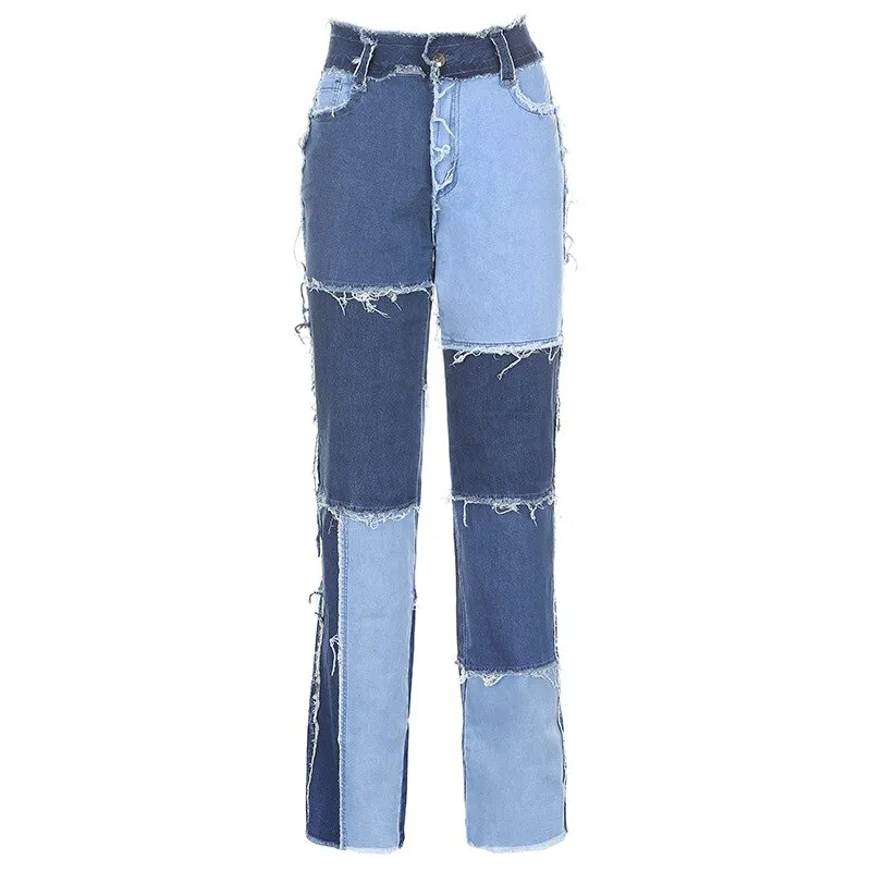 KittenAlarm - Mojoyce Patchwork Women's Jeans Bicolor Straight Leg Casual Long Pants High Waist Denim Jeans Y2K Fashion Pencil Trousers XXL