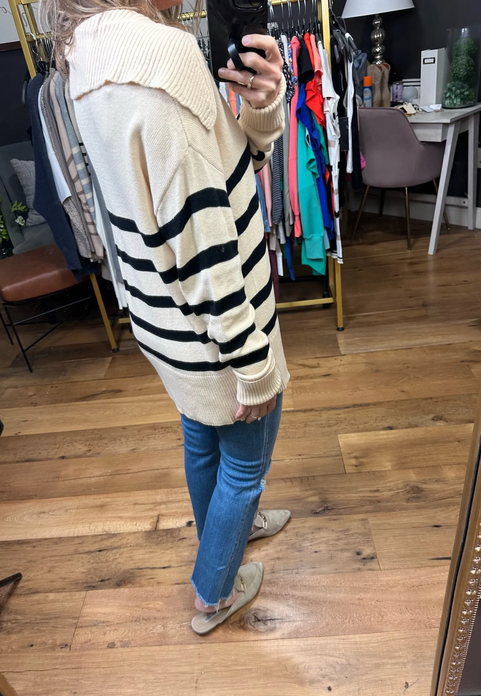 Long Before Striped V-Neck Sweater - Natural/Black