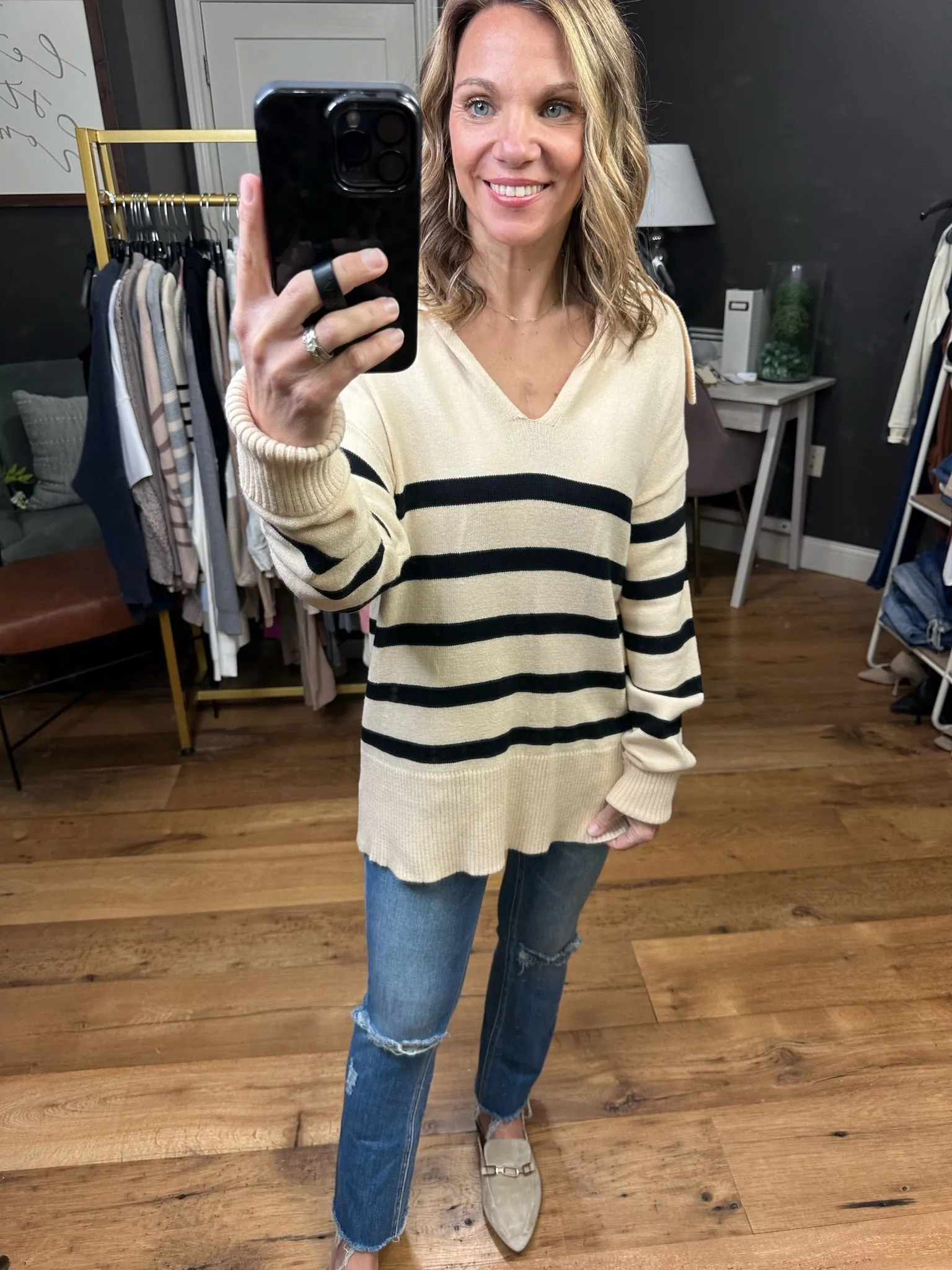 Long Before Striped V-Neck Sweater - Natural/Black