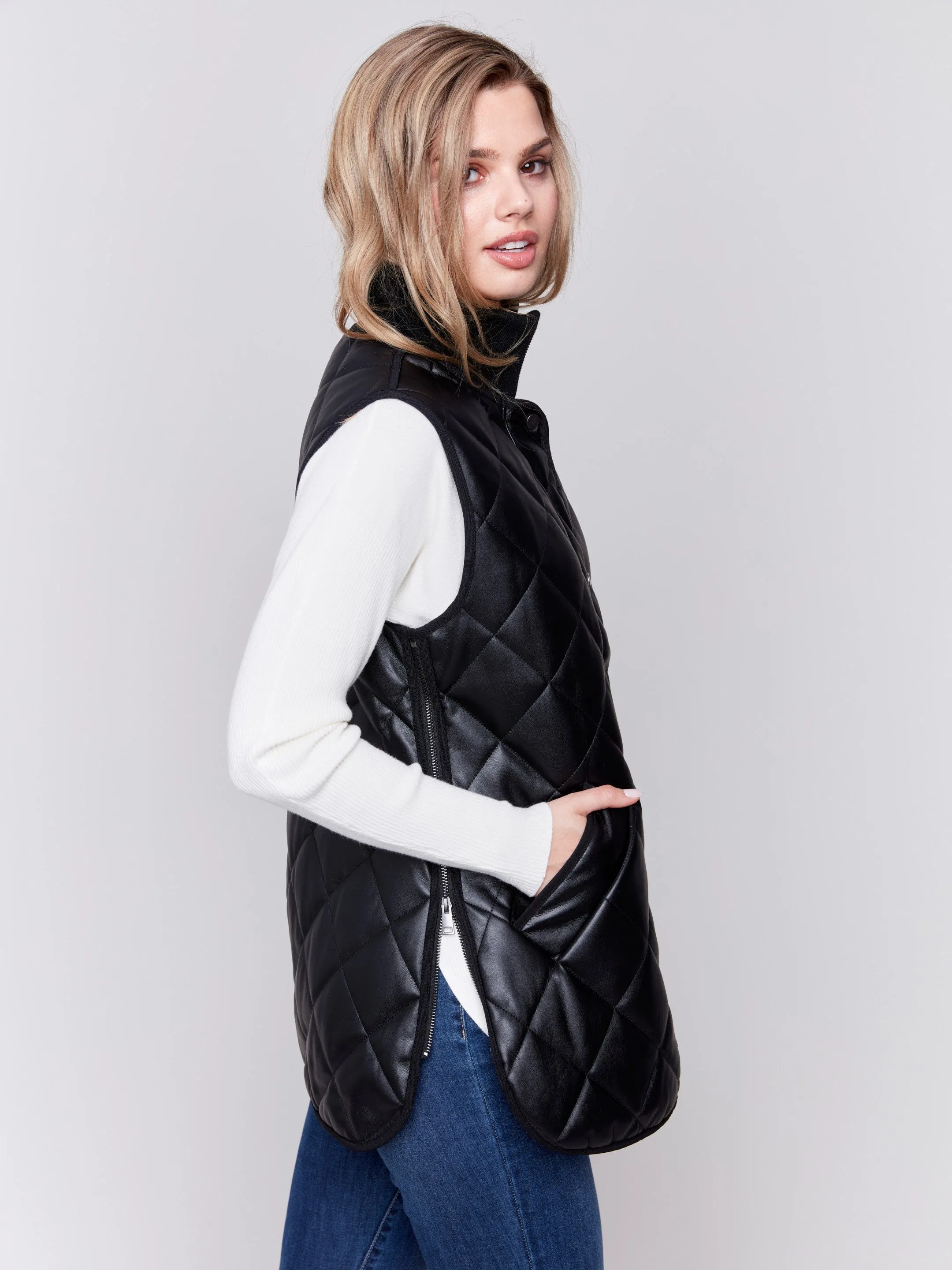 Long Quilted Faux Leather Vest - Black