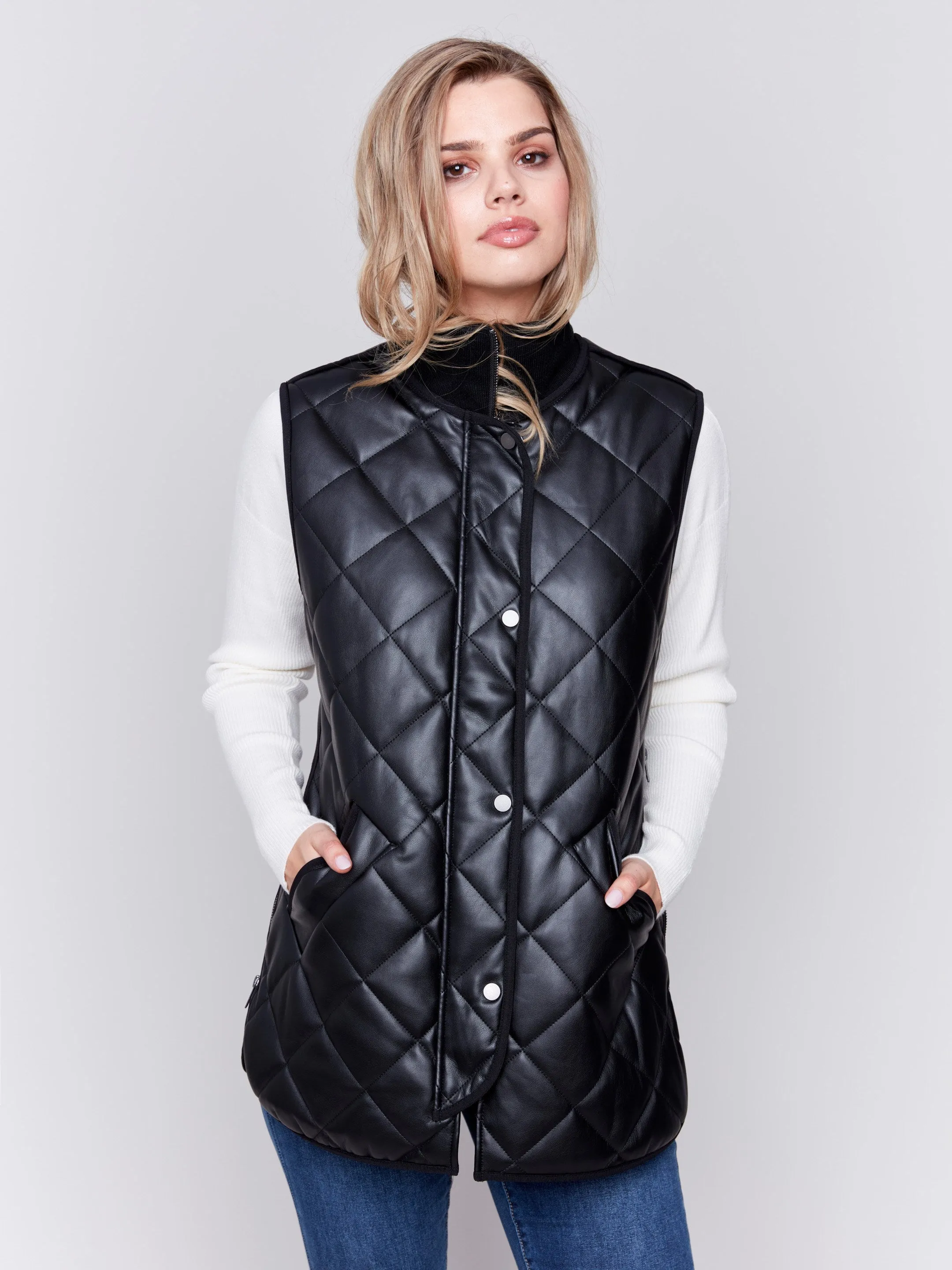 Long Quilted Faux Leather Vest - Black