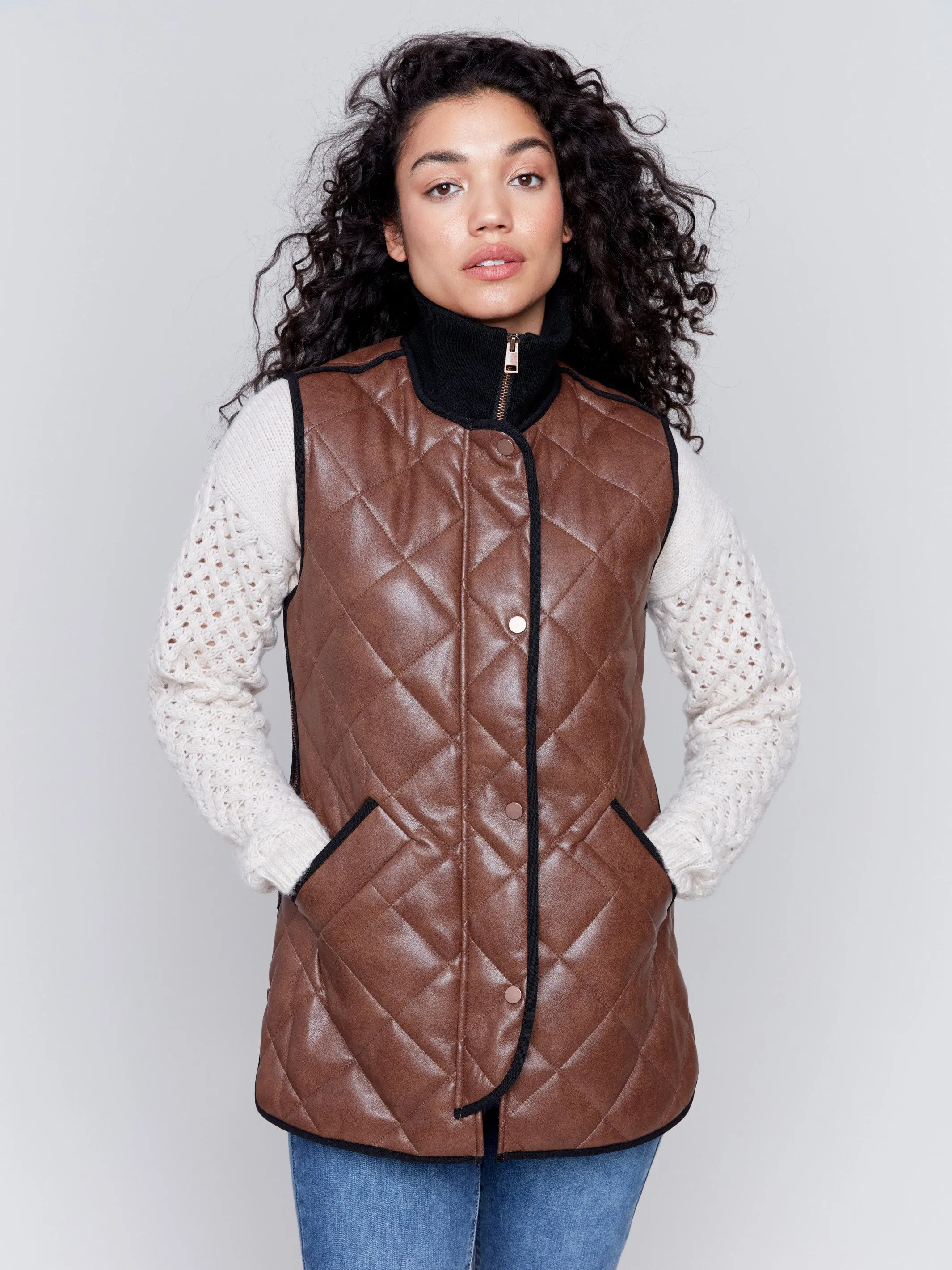 Long Quilted Faux Leather Vest - Brandy