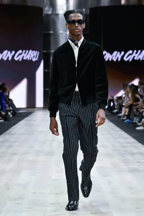 LOOK 2 - Black Velvet Bomber Jacket, Black Rope Stripe Trouser and White Silk Shirt