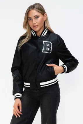 Love Me Now PU Leather Contrast Snap Down Bomber Jacket