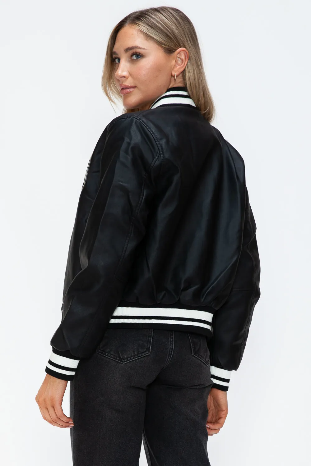 Love Me Now PU Leather Contrast Snap Down Bomber Jacket