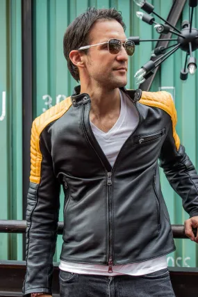 LUCKY LUKE Futuristic Leather Jacket in Black & Yellow Quilted