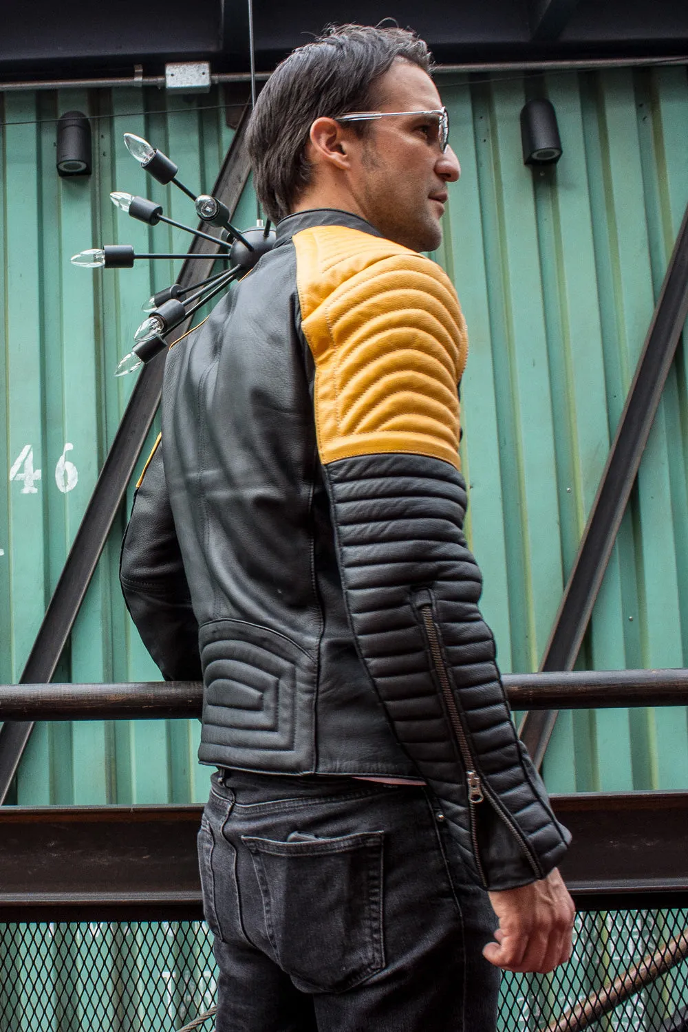 LUCKY LUKE Futuristic Leather Jacket in Black & Yellow Quilted