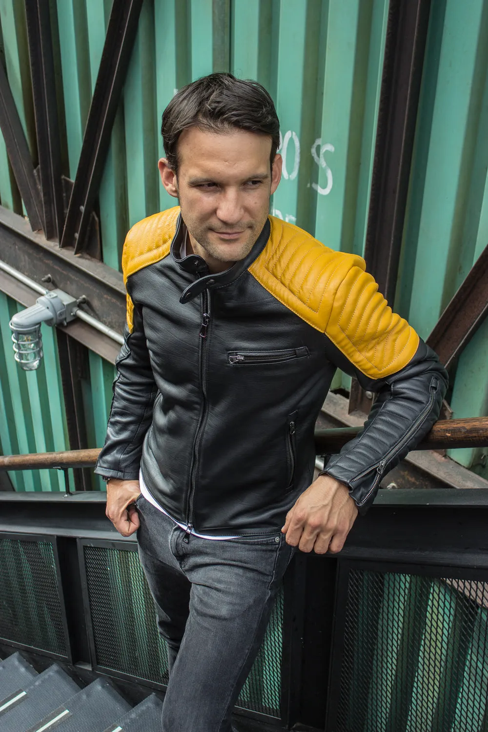 LUCKY LUKE Futuristic Leather Jacket in Black & Yellow Quilted