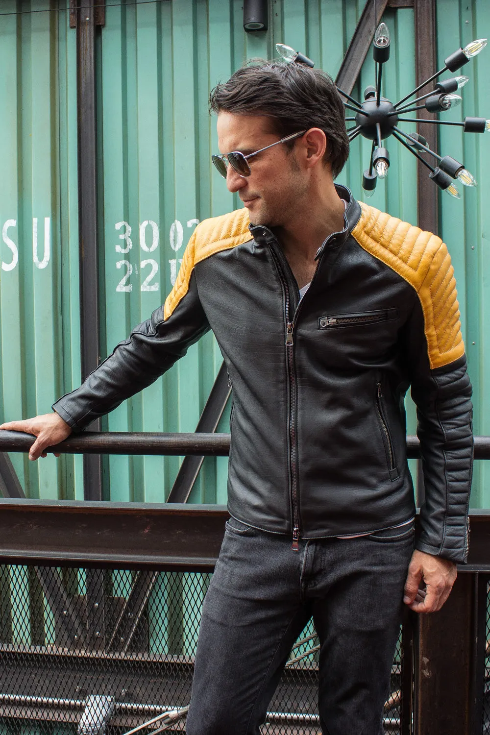 LUCKY LUKE Futuristic Leather Jacket in Black & Yellow Quilted