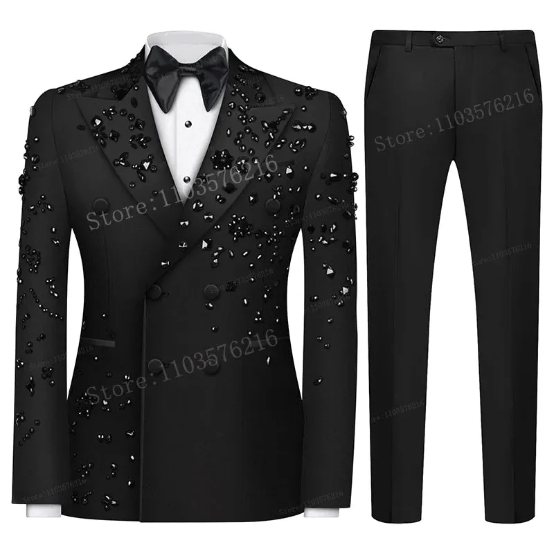 Luxury 2 Pieces Men's Suits Jewel Decoraction Notched Lapel Groom Wedding Blazer Formal Party Prom Suits for Wedding Groom