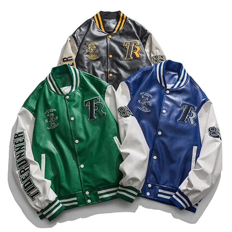 Men Outwear Spring Green Leather Jacket Men Fashion Casual Motorcycle Jackets Couple Streetwear Loose Hip-Hop Bomber Jacket