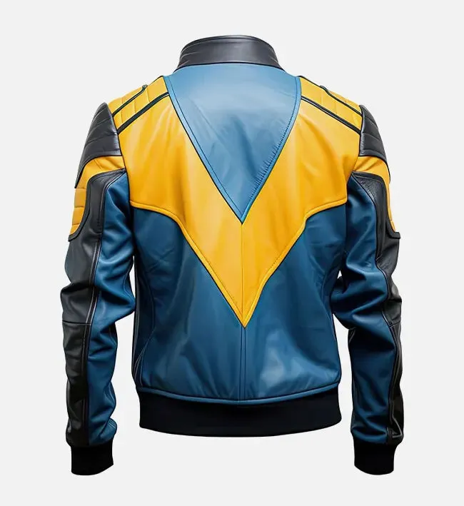 Men’s Blue and Yellow Cafe Racer Bomber Leather Jacket