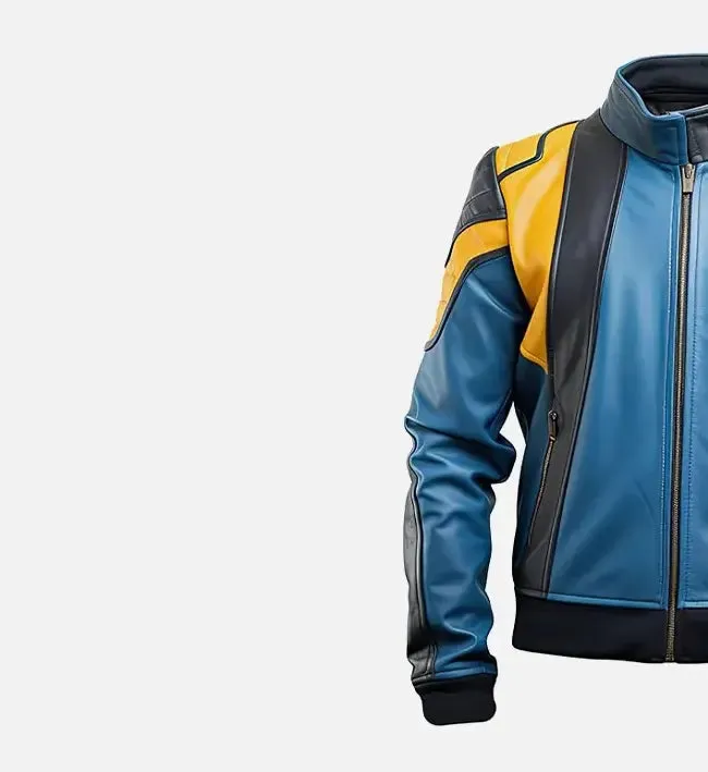 Men’s Blue and Yellow Cafe Racer Bomber Leather Jacket