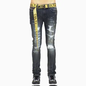 Men's Punk Super Skinny Belted Denim Jeans