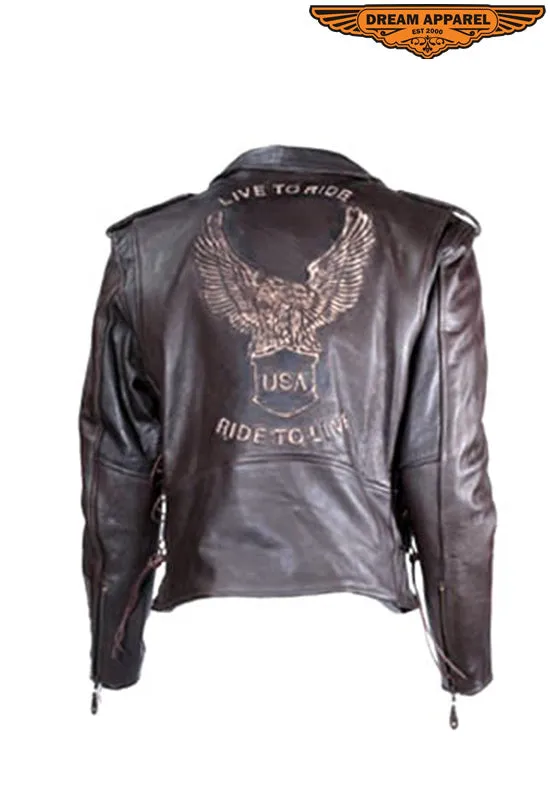 Mens Retro Brown Motorcycle Jacket With Eagle