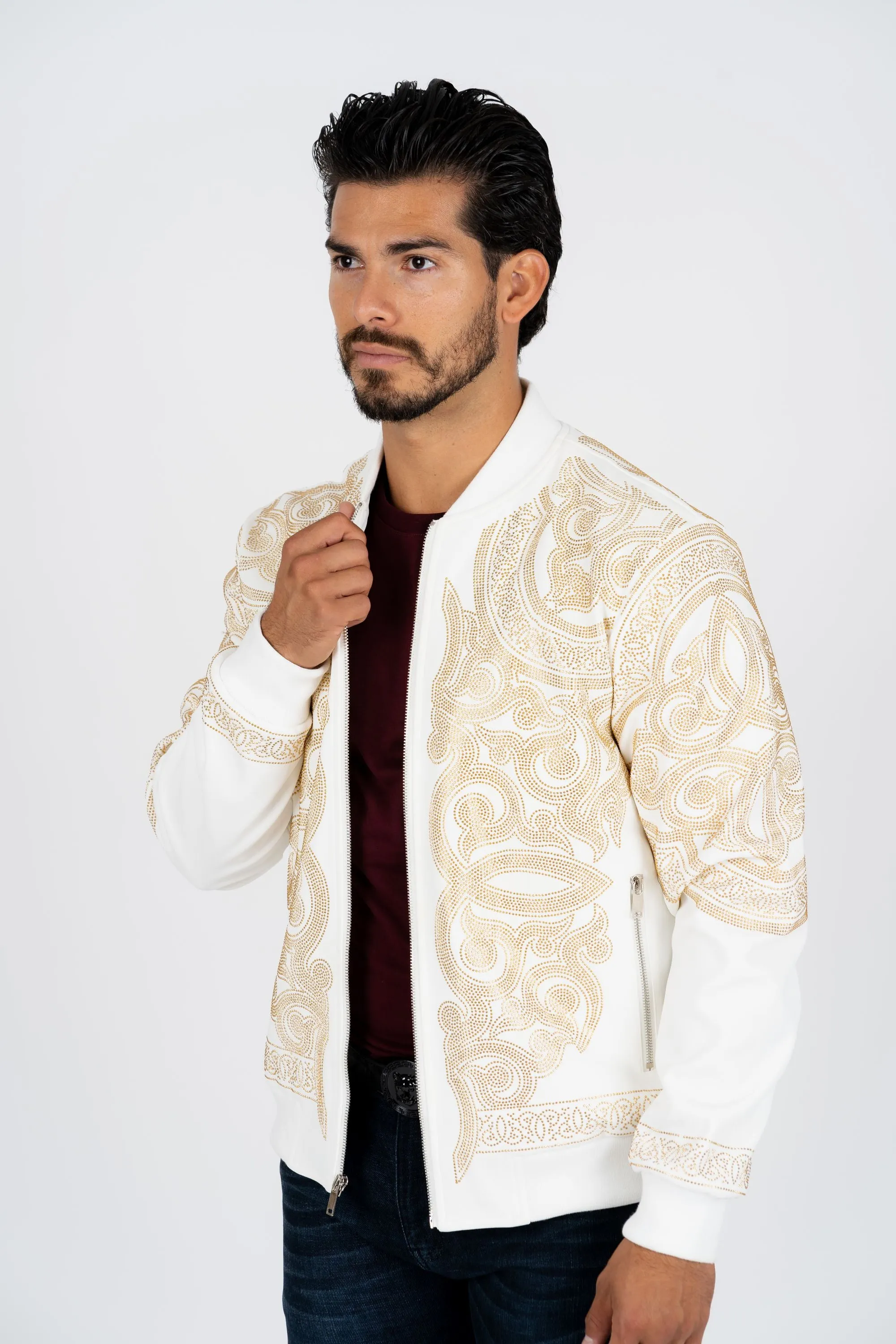 Men's White Rhinestone Bomber Jacket