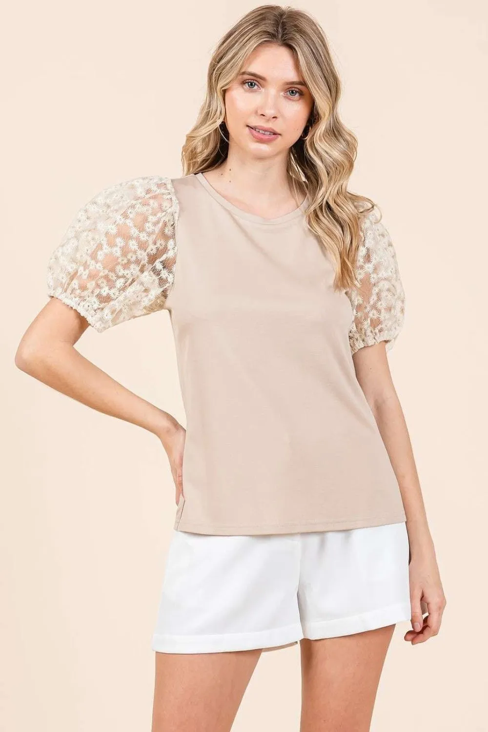 Mittoshop Round Neck Puff Short Sleeve Top