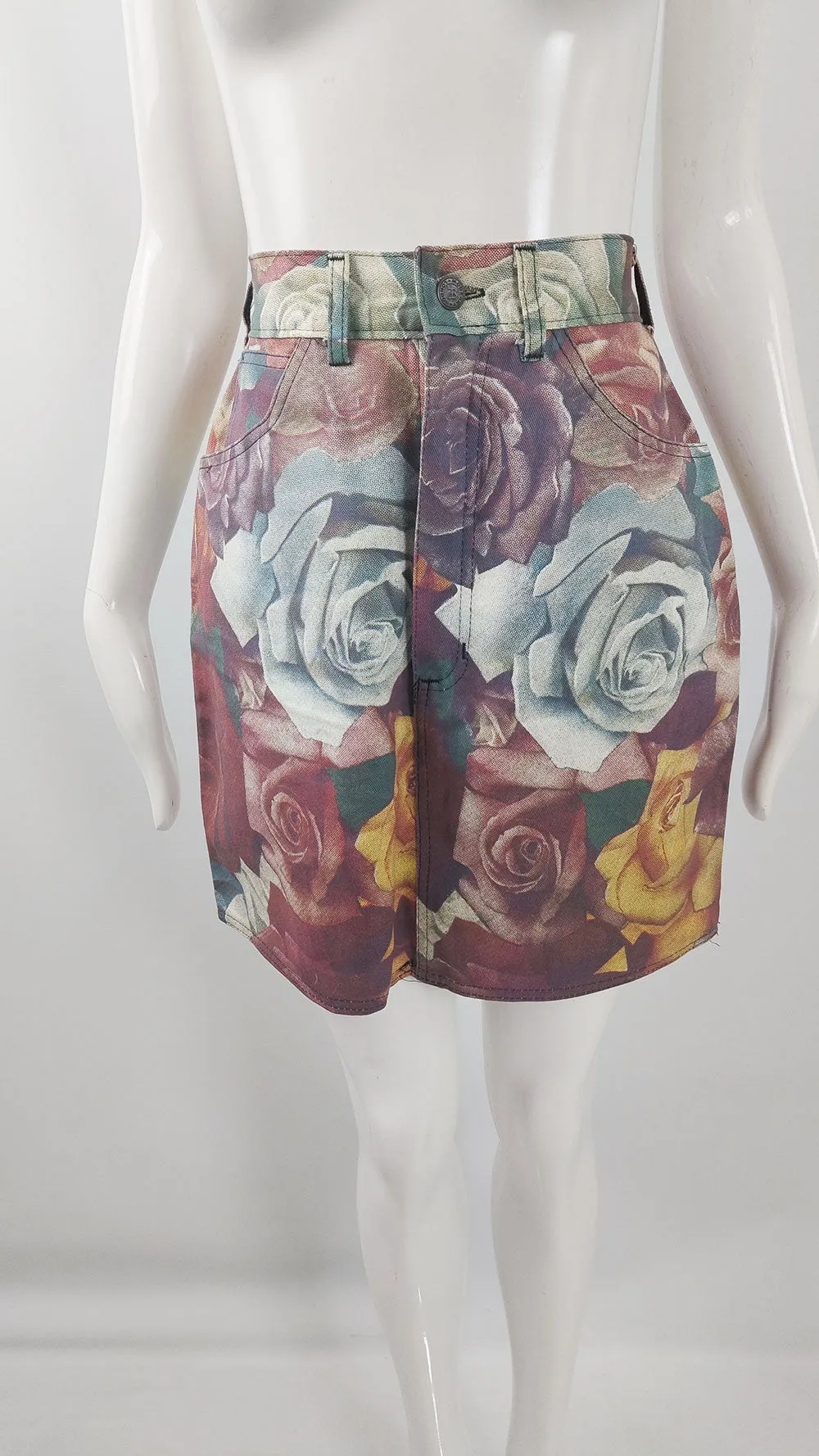 Modzart Vintage Denim Floral Rose Digital Print Skirt, 1980s