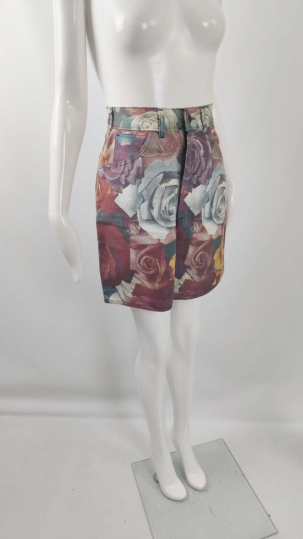 Modzart Vintage Denim Floral Rose Digital Print Skirt, 1980s